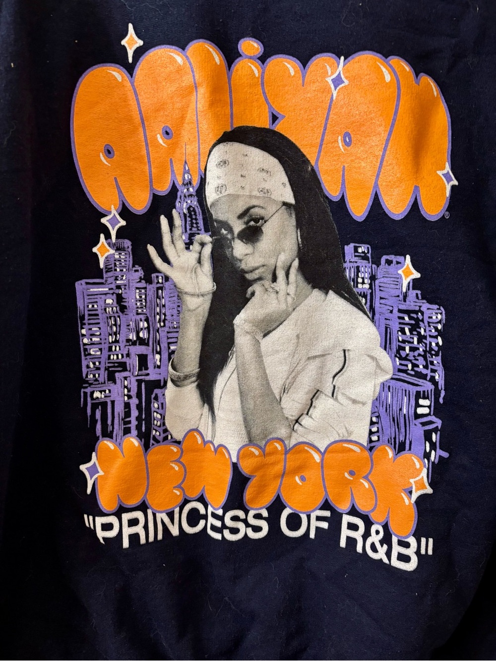 Aaliyah Graphic Tee - Black with Orange & Purple 'New York' Design M EUC